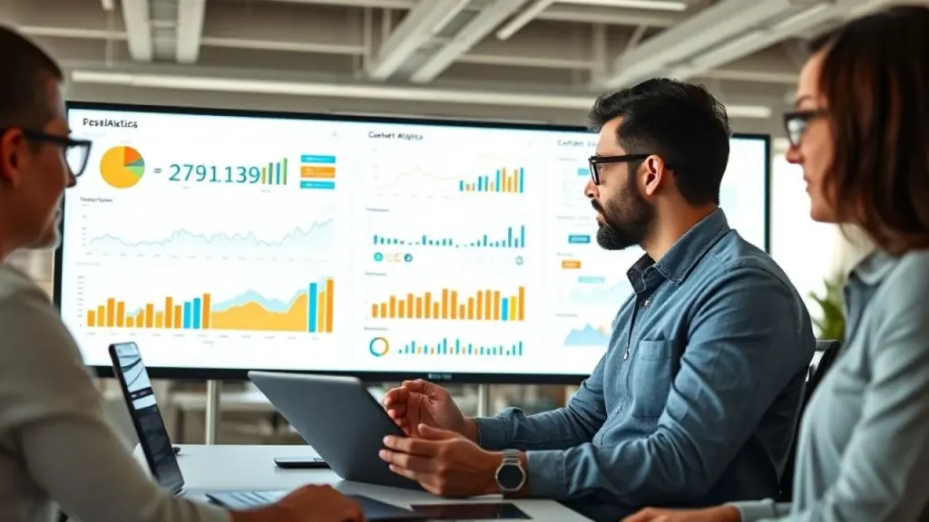Equipe de marketing brasileira analisando métricas de conteúdo em dashboard.