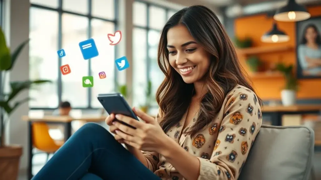 Brasileira usa smartphone em coworking. Marketing digital para pequenas empresas.