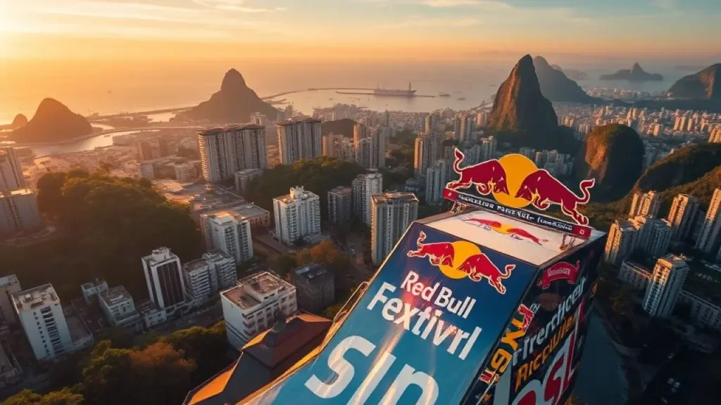 Evento de esportes radicais da Red Bull no Rio de Janeiro com paisagem icônica.
