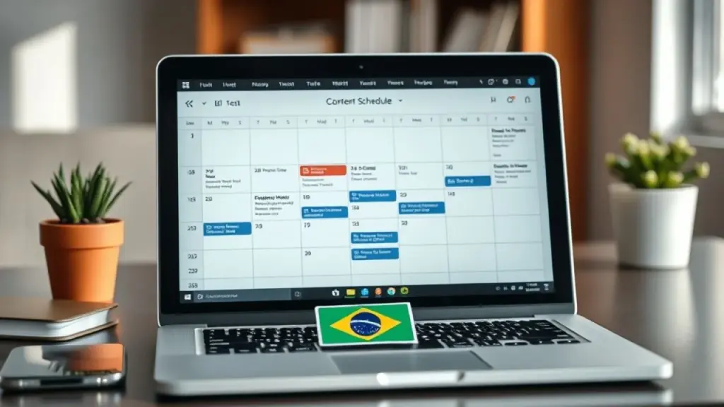 Calendário de conteúdo digital com posts e campanhas agendadas