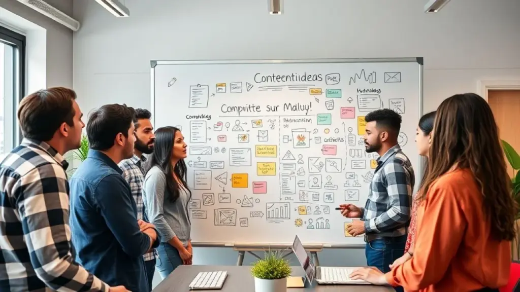 Equipe diversa brasileira criando ideias de conteúdo em escritório moderno.
