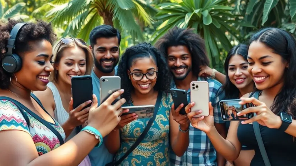 Brasileiros diversos compartilhando vídeos GoPro em seus smartphones.