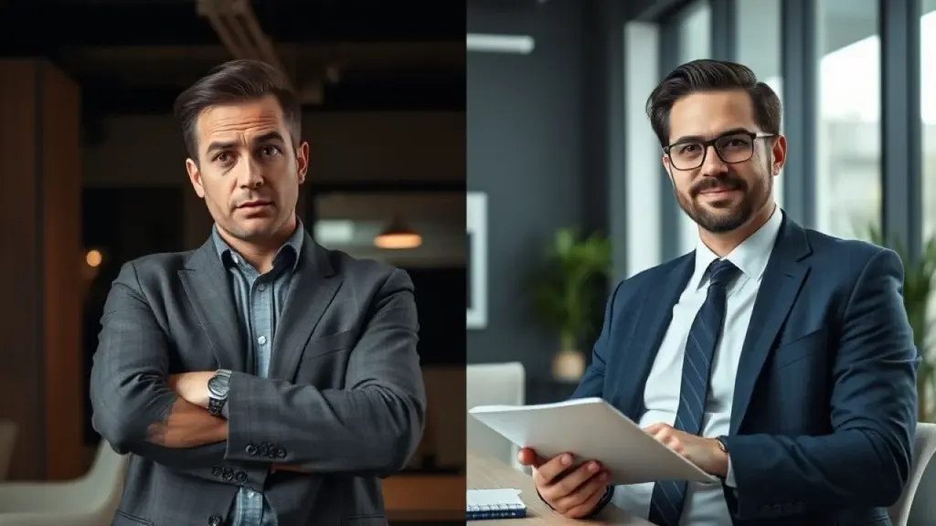 Imagem dividida: empresário confuso vs. contador confiante em escritório brasileiro.