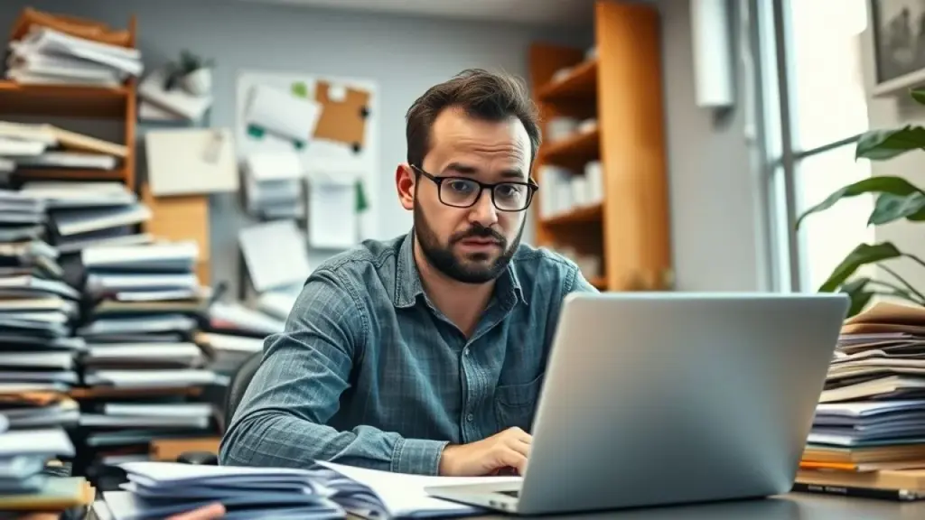 Empresário preocupado com papelada contrastando com laptop mostrando dados financeiros organizados.