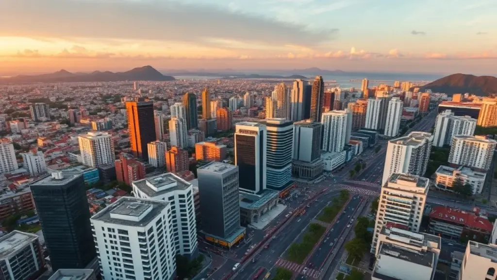 Vista aérea da cidade brasileira ao pôr do sol, representando o alcance do Instagram Ads.