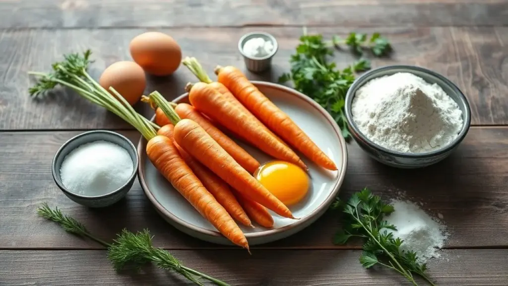 Ingredientes para bolo de cenoura brasileiro dispostos em mesa de madeira.