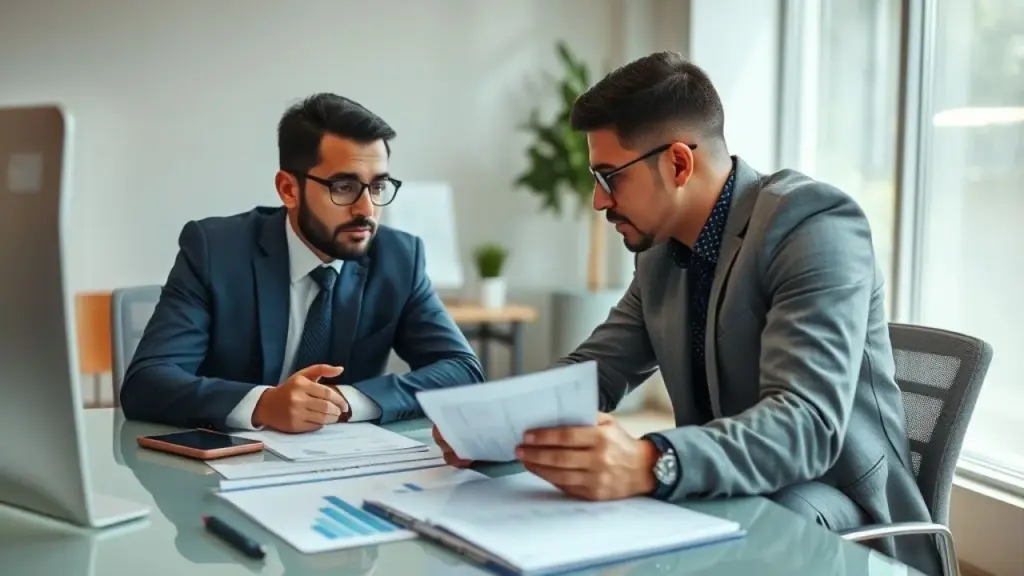 Contador brasileiro auxiliando empresário com planilhas financeiras e cálculo do pró-labore.