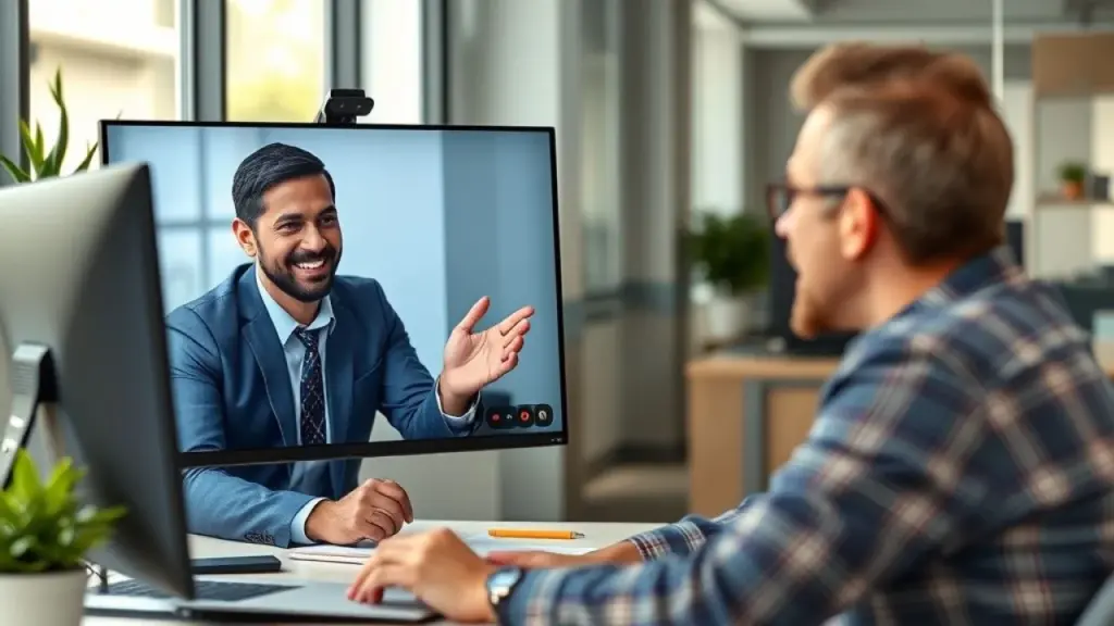 Contador brasileiro em videochamada explicando finanças para empresário, atendimento personalizado.