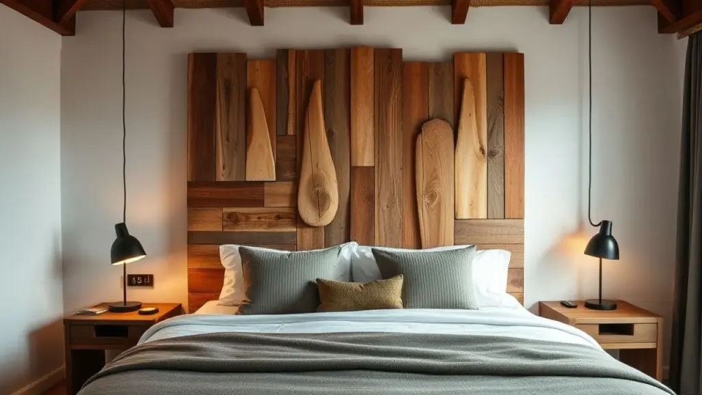 Brazilian bedroom with a creative headboard made of reclaimed wood, soft lighting from bedside Quarto de casal com cabeceira criativa feita de madeira de demolição e iluminação aconchegante.