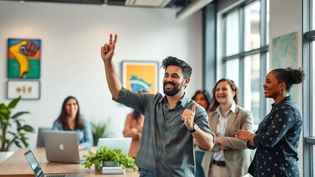 Empresário brasileiro comemora sucesso com equipe após feedback positivo de cliente.