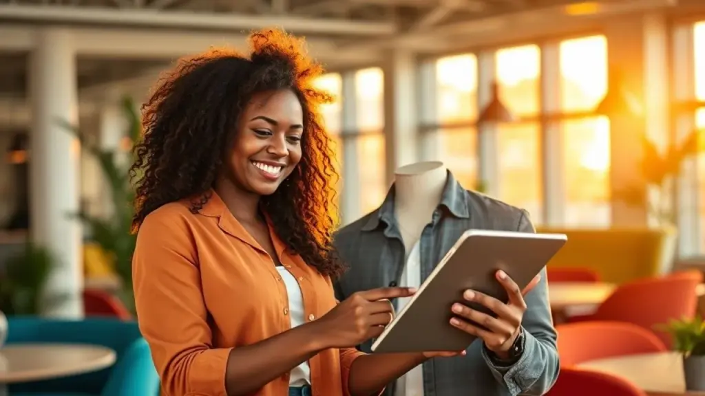 Empresário brasileiro gerenciando finanças com tablet em espaço de coworking moderno.