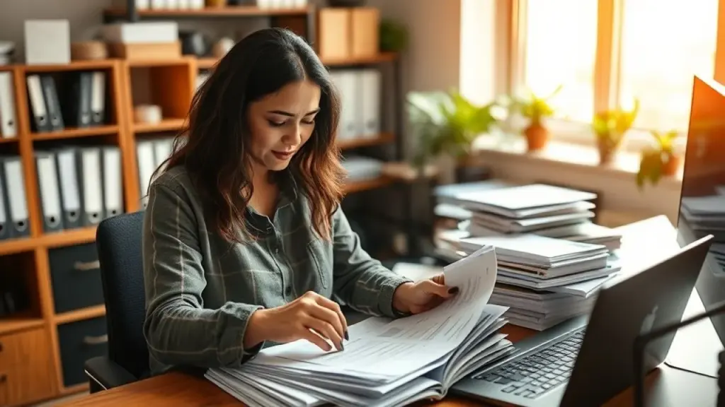 Empresário brasileiro organizando documentos financeiros em escritório organizado.