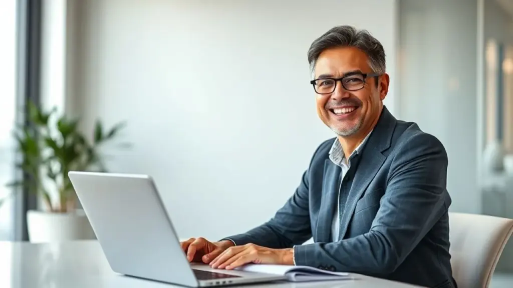 Sócio-administrador brasileiro sorrindo em escritório moderno, planejando finanças da empresa.