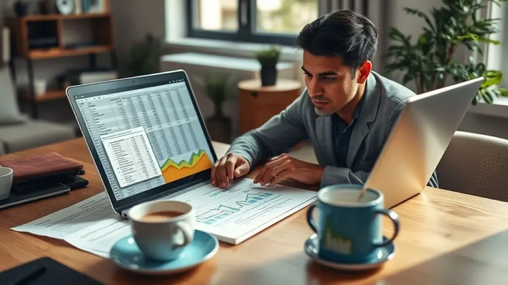 Profissional brasileiro analisando CAC em planilha no laptop.