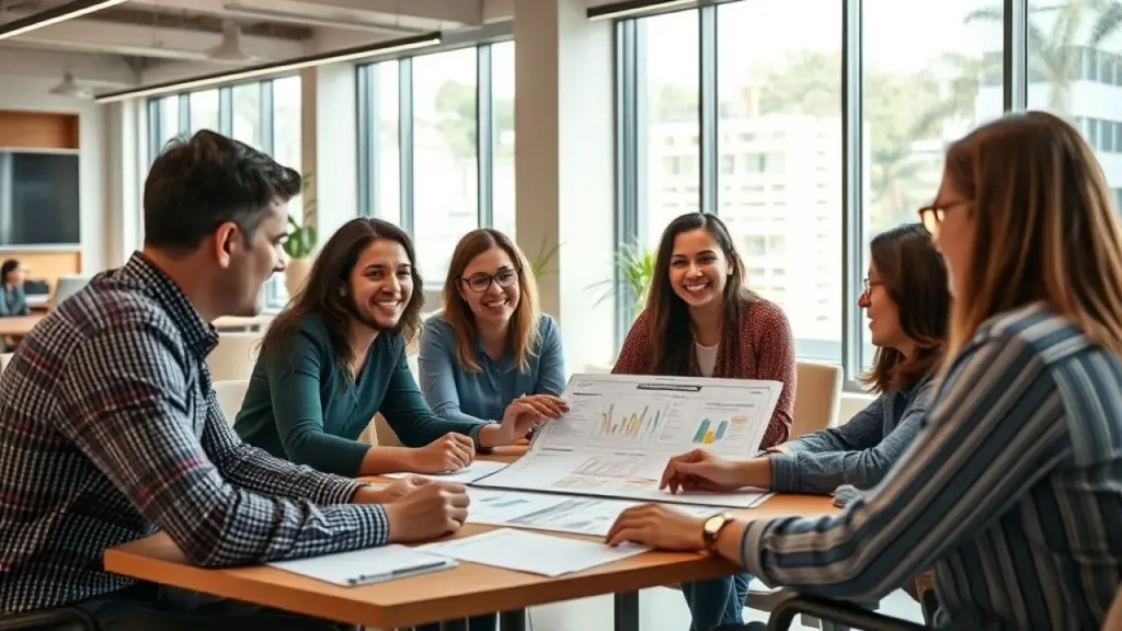 Equipe brasileira mapeando jornada do cliente em escritório moderno.