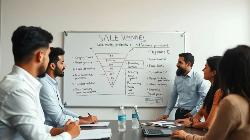 Equipe brasileira discutindo otimização do funil de vendas em um escritório.