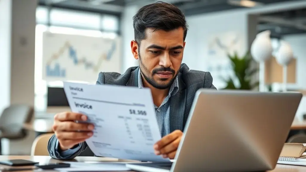Empresário brasileiro conferindo nota fiscal digital no laptop. Atenção, precisão e gestão fiscal.