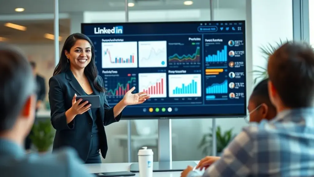 Empresária brasileira apresentando dados em LinkedIn Live