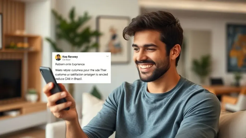 Cliente brasileiro dando review positivo no smartphone.