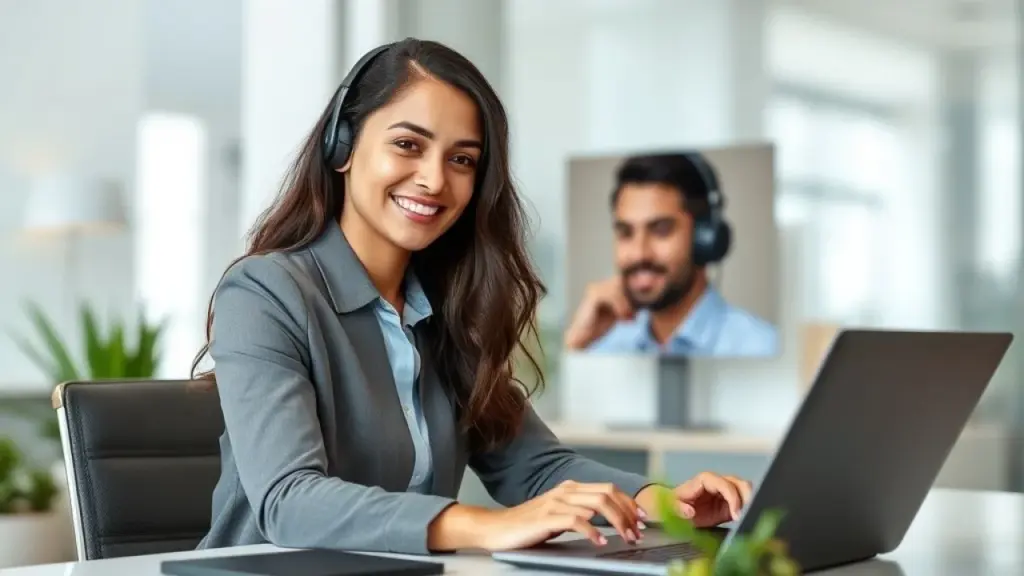 Atendente brasileira auxiliando cliente por video chamada. Atendimento de excelência.