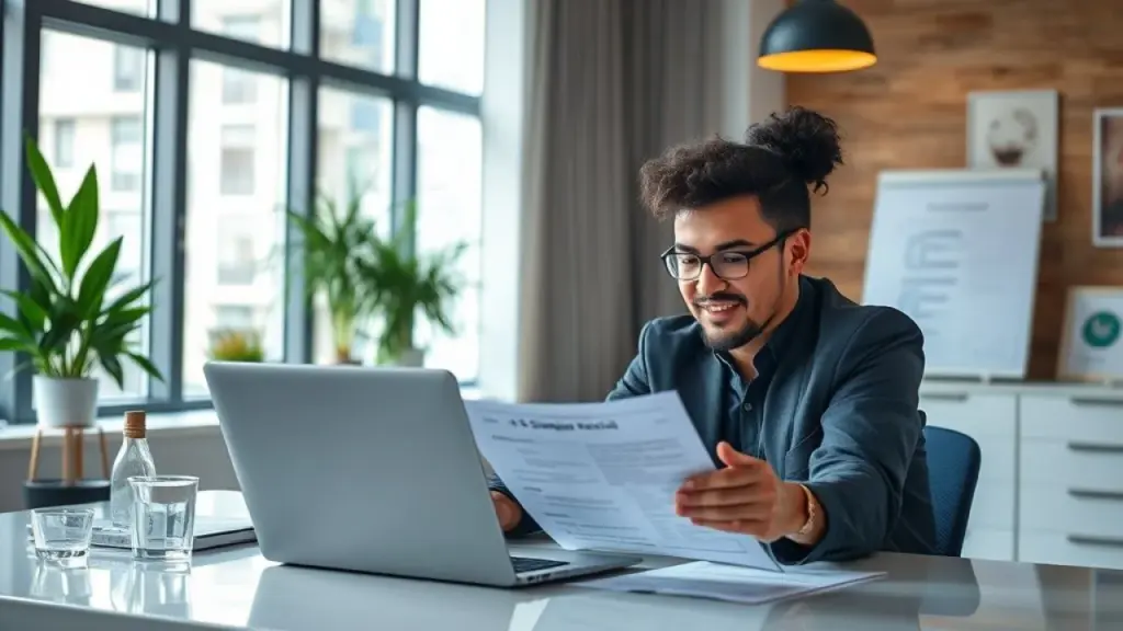 Empreendedor brasileiro revisando documentos do Simples Nacional