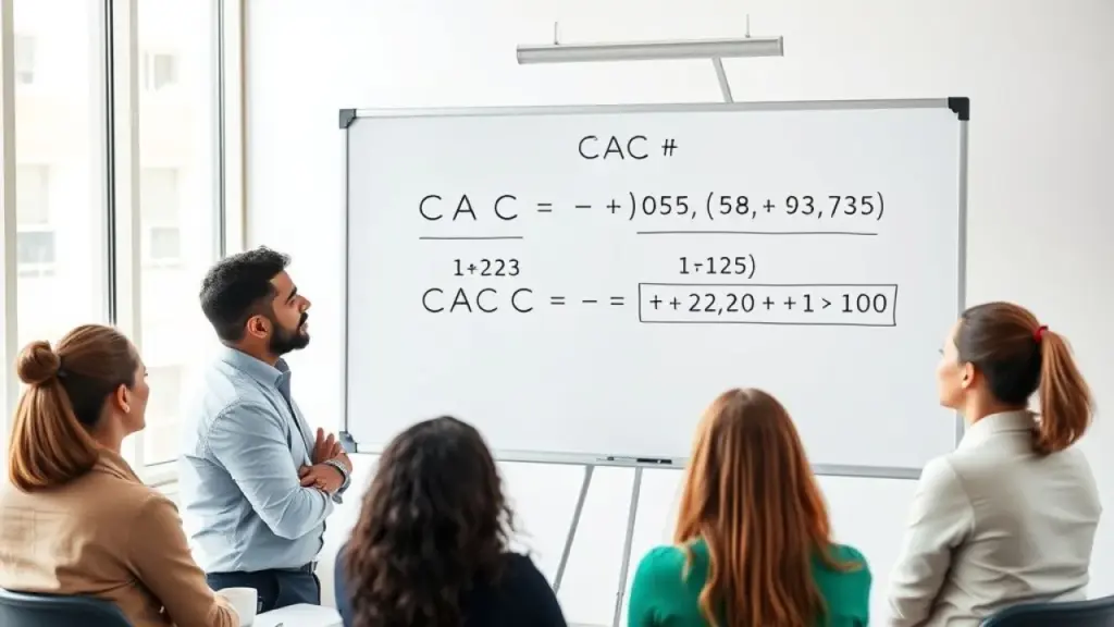 Executivo brasileiro apresentando fórmula CAC em lousa.