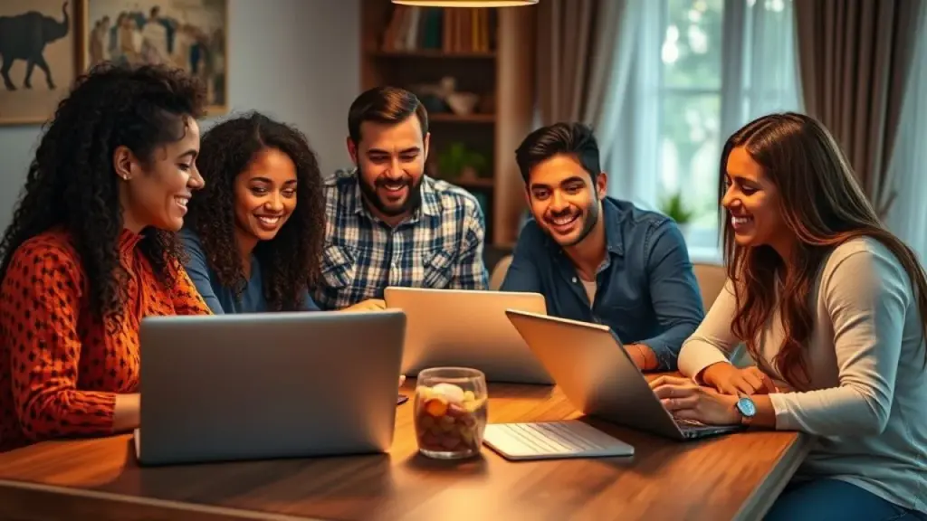 Família brasileira discutindo finanças com laptops e tablets, planejando futuro financeiro.