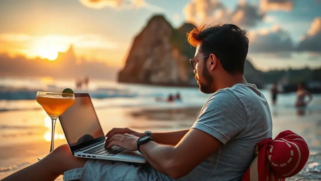 Brazilian freelancer copywriter working remotely from a beach in Rio de Janeiro, with a laptop and Copywriter freelancer brasileiro trabalhando remotamente na praia do Rio de Janeiro.