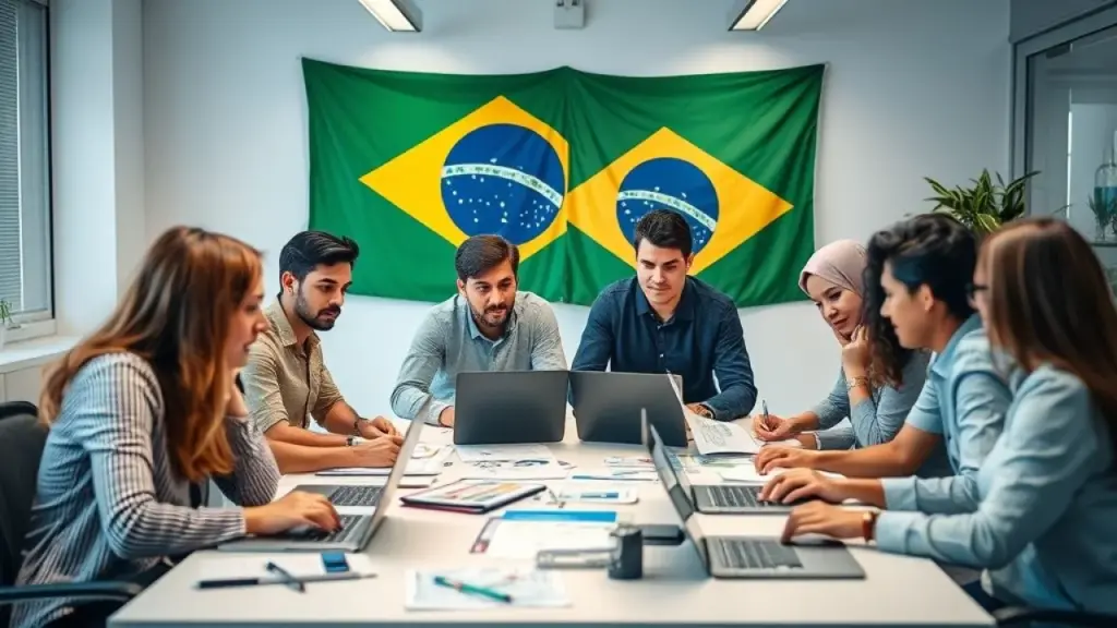 Equipe de marketing brasileira colaborando em estratégias digitais.