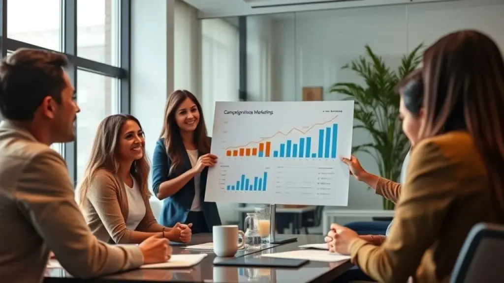 Equipe de marketing apresentando resultados de campanha no Brasil.