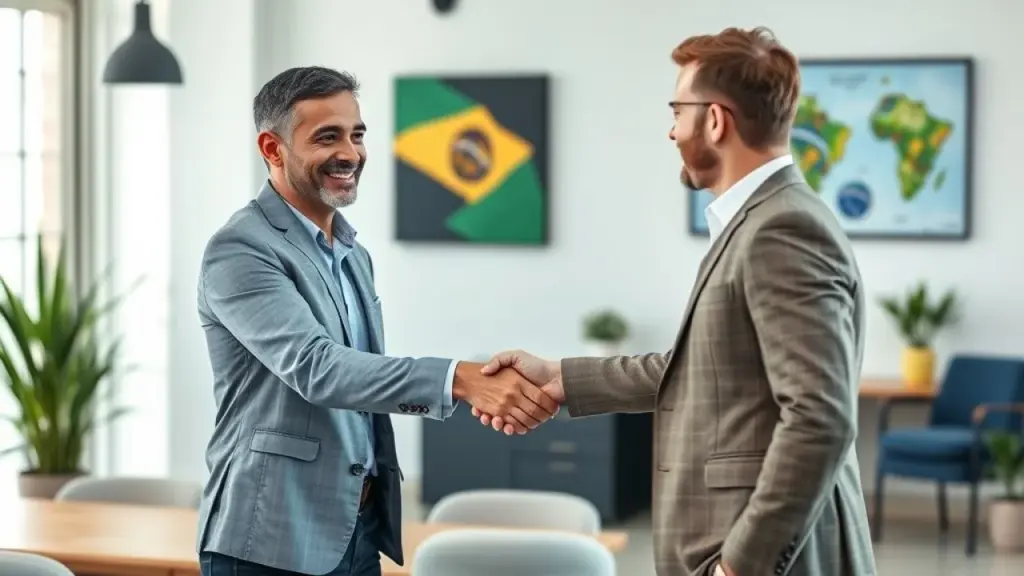 Vendedor brasileiro fechando negócio com cliente satisfeito.