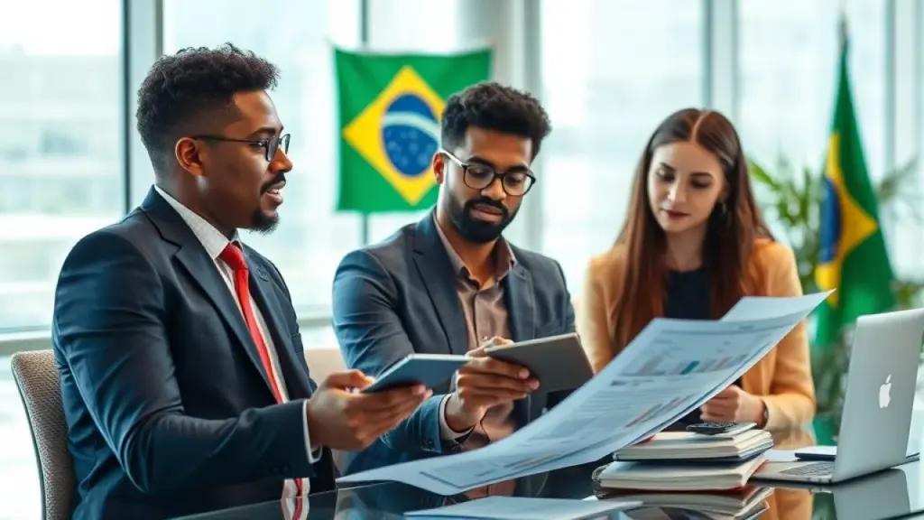 Empresário(a) brasileiro(a) analisa finanças da empresa com calculadora.
