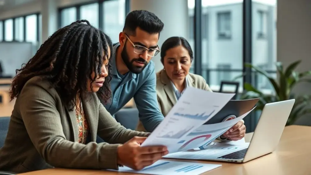 Empresário brasileiro e consultor contábil analisando dados financeiros em escritório moderno.