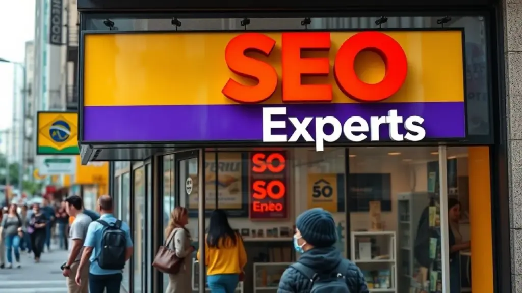 Fachada colorida de loja no Brasil com placa 'Especialistas SEO'
