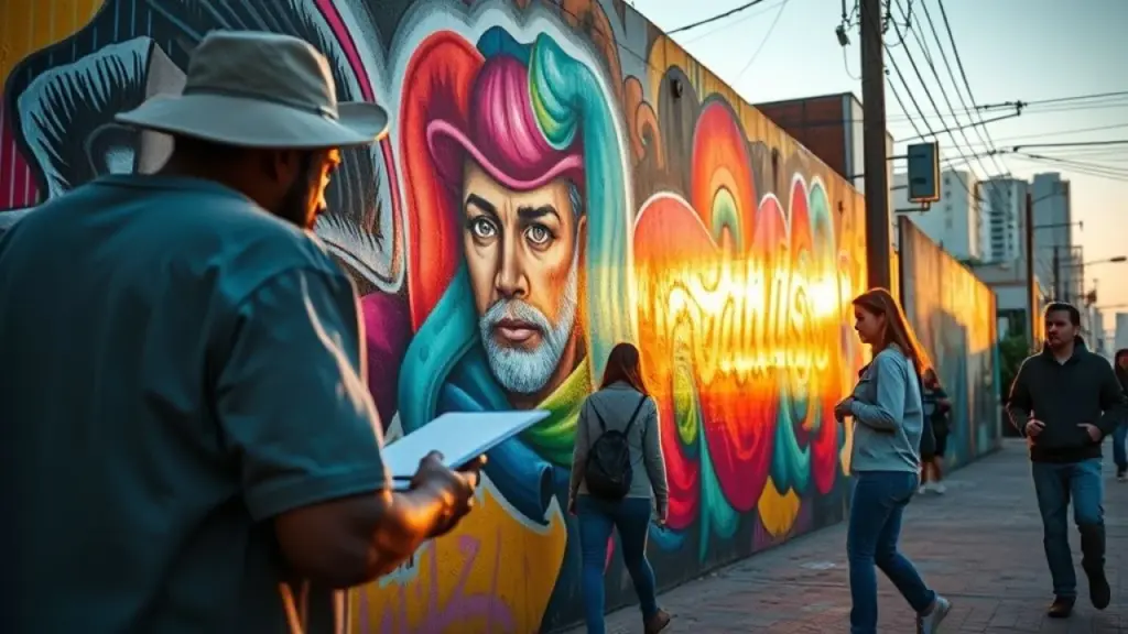 Artista de rua brasileiro pinta mural. Marketing de guerrilha criativo.