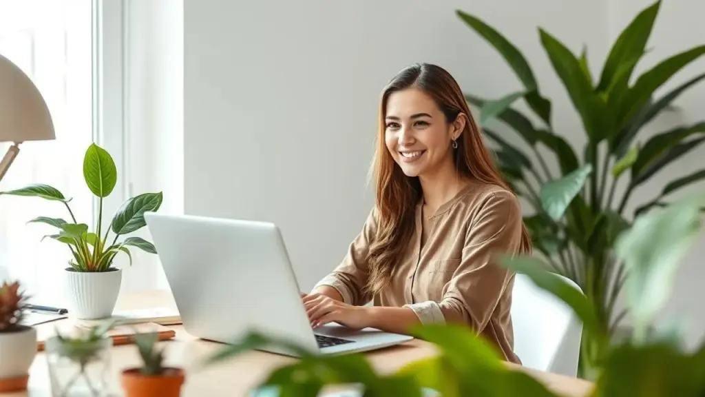 Mulher sorrindo usando laptop em home office organizado, representando software de contabilidade para pequenas empresas.