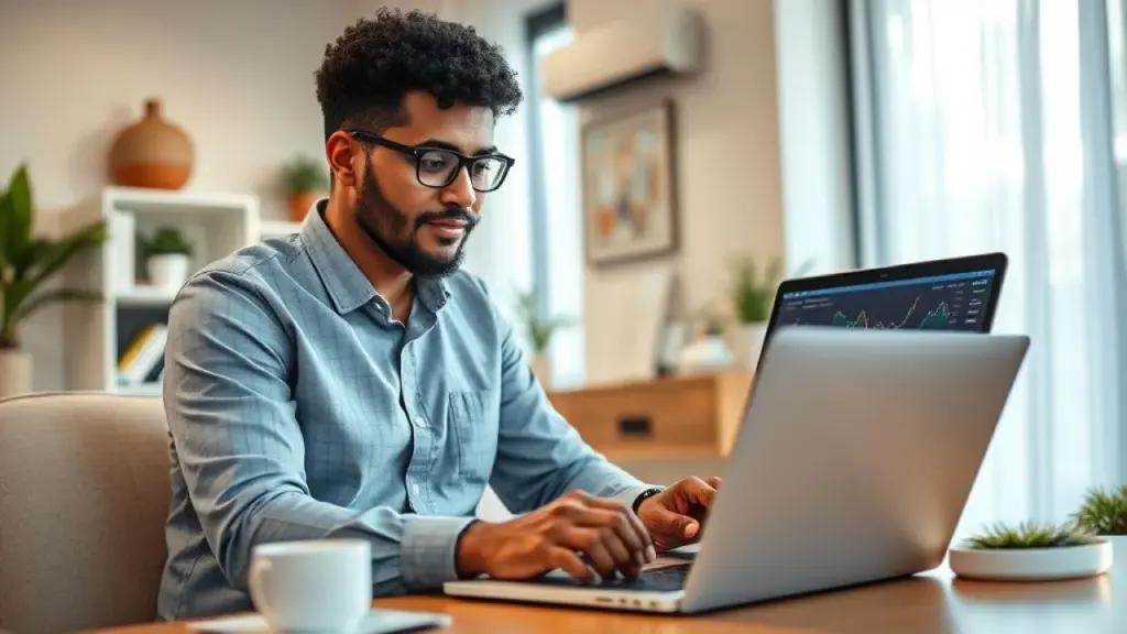 MEI brasileiro gerenciando finanças em casa com contabilidade online.