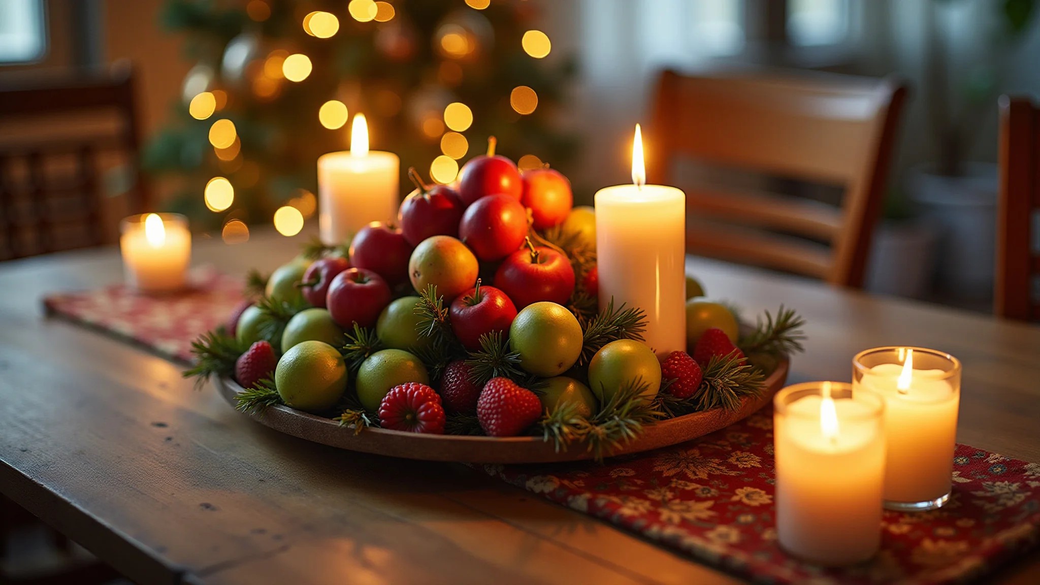Centro de mesa de Natal DIY com frutas e velas em uma mesa festiva.