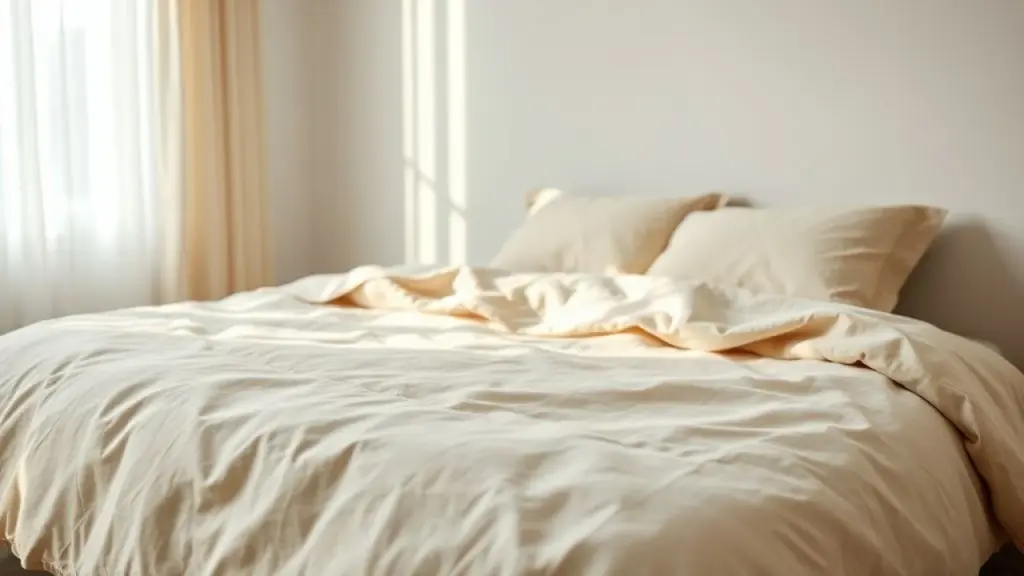 Close-up of a beige linen duvet cover on a queen-sized bed in a simple bedroom, natural light Detalhe de roupa de cama de linho bege em quarto de casal simples e elegante.
