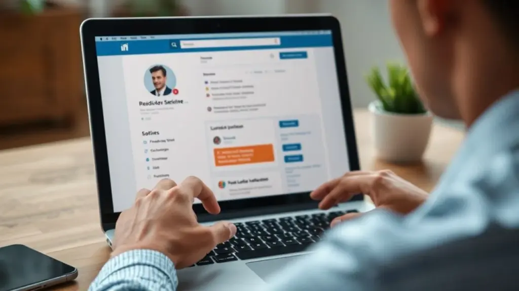 Profissional atualizando perfil LinkedIn no laptop no Brasil