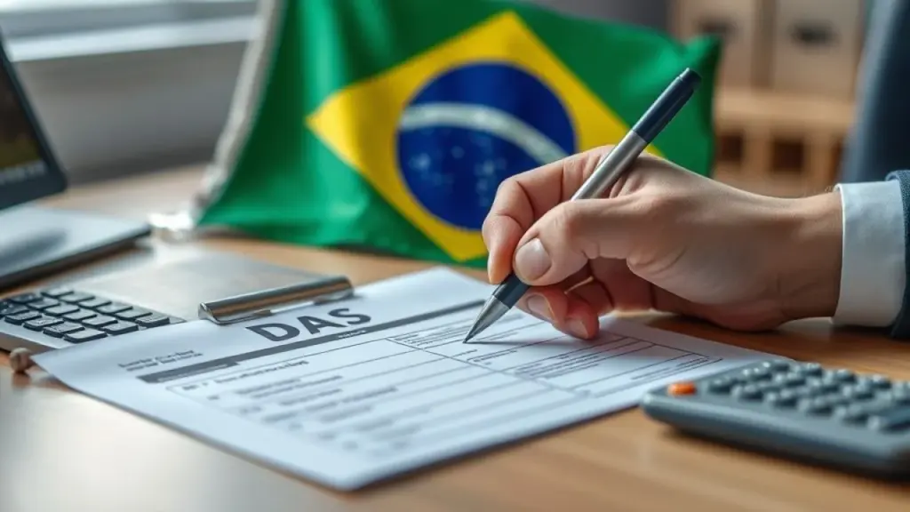 Mão preenchendo formulário DAS com bandeira do Brasil e calculadora na mesa.
