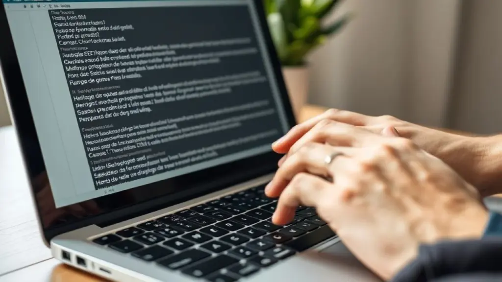Mão digitando post de blog otimizado para SEO com palavras-chave destacadas