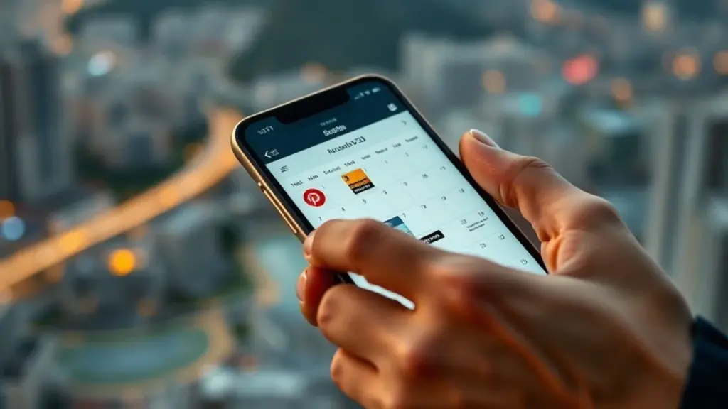 Mão agendando posts em aplicativo de calendário no celular, fundo com paisagem urbana brasileira.