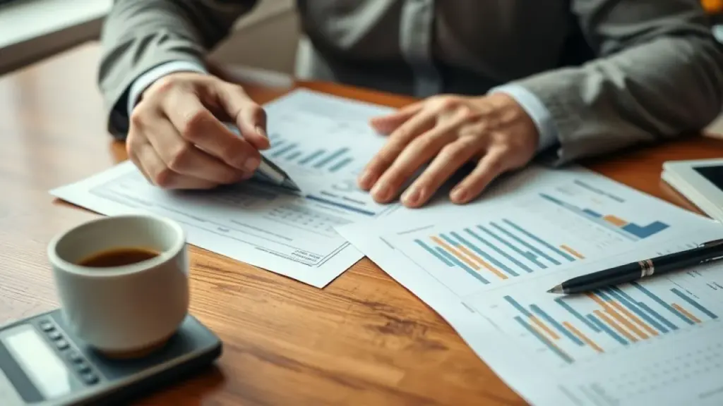 Empresário analisando finanças da pequena empresa com calculadora e documentos.