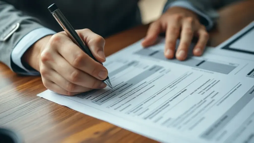 Mãos preenchendo recibo de pró-labore em mesa de madeira, representando formalização financeira.