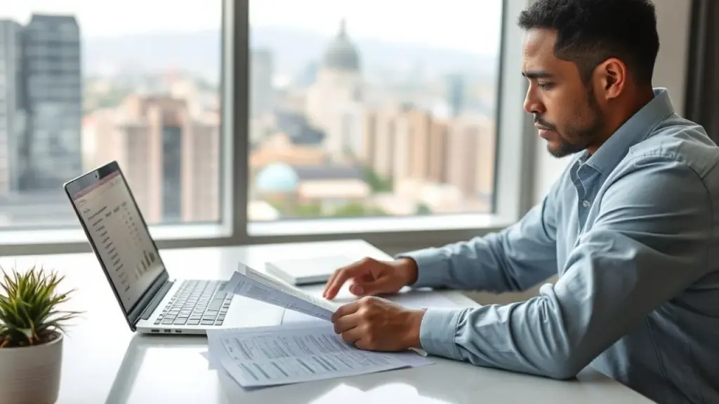 Microempreendedor brasileiro analisando finanças em seu escritório.