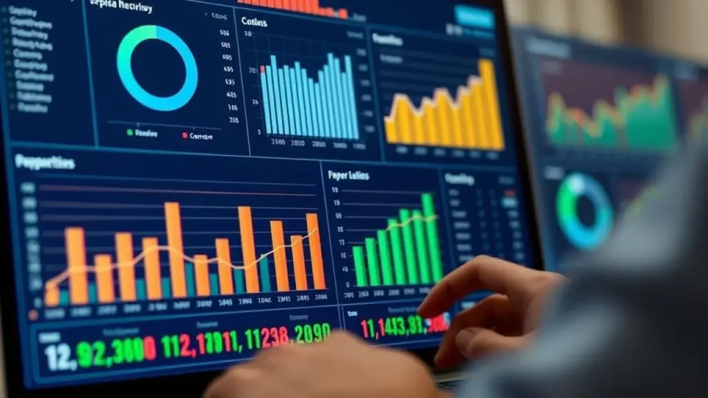 Interface de software de contabilidade mostrando gráficos e relatórios financeiros em português.