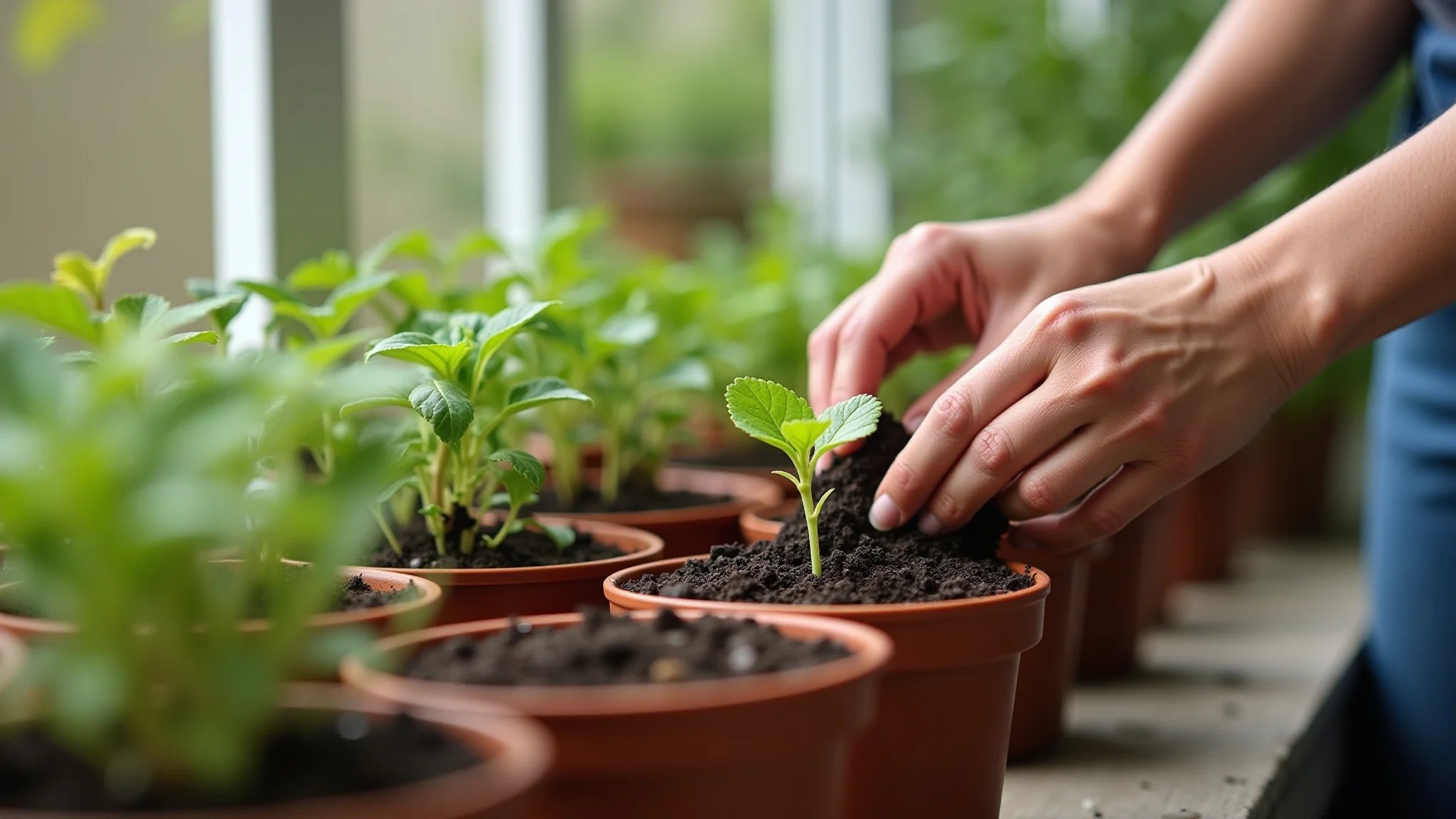 Mãos diversas plantando mudas em vasos em uma varanda ensolarada de apartamento.
