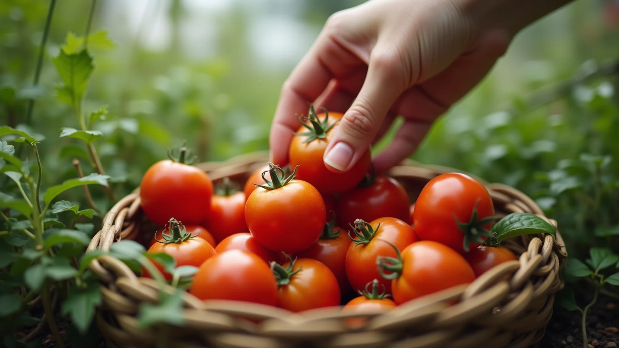 Tomates orgânicos frescos sendo colhidos em uma pequena horta urbana.
