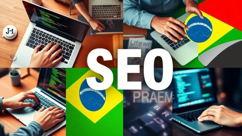 Mãos brasileiras otimizando sites, construindo links e criando conteúdo.